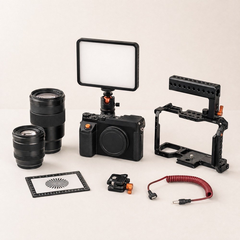 Curated camera lenses lighting and rigging equipment on a selection desk