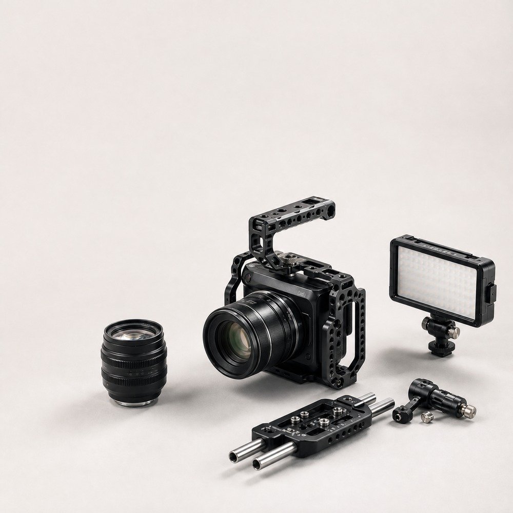 Curated camera body, lens and rigging accessories
