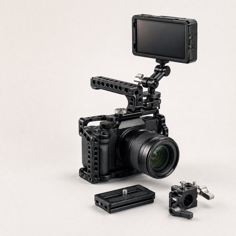 Camera rigging cage monitor and mounting accessories