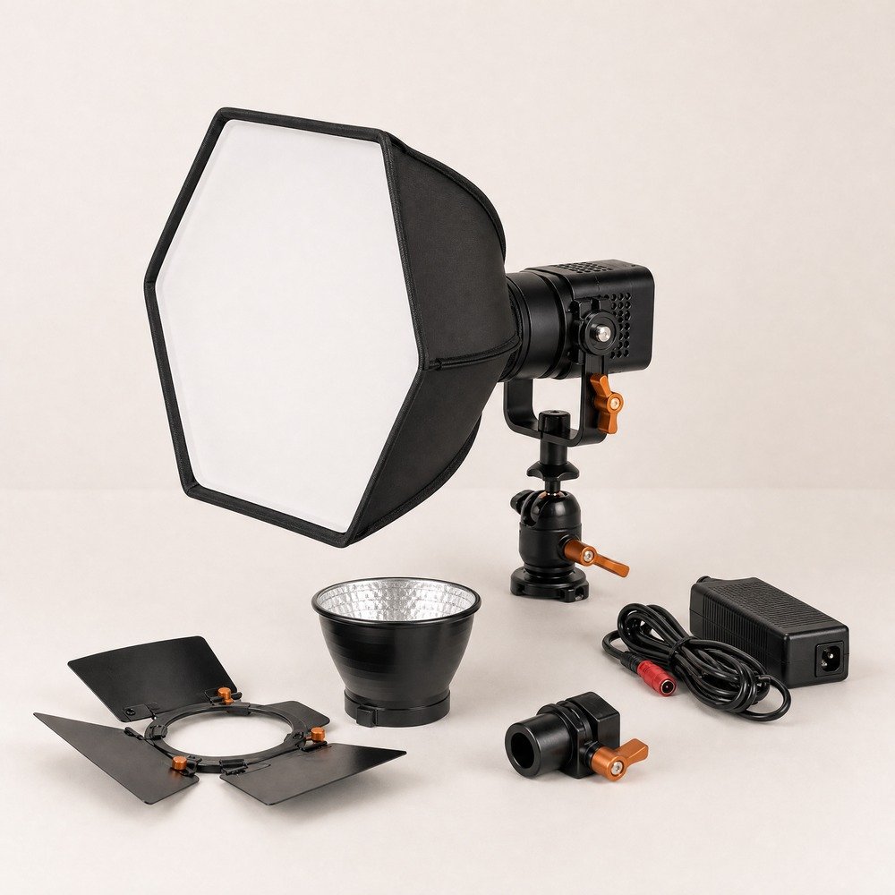 COB studio light with softbox and professional lighting modifiers