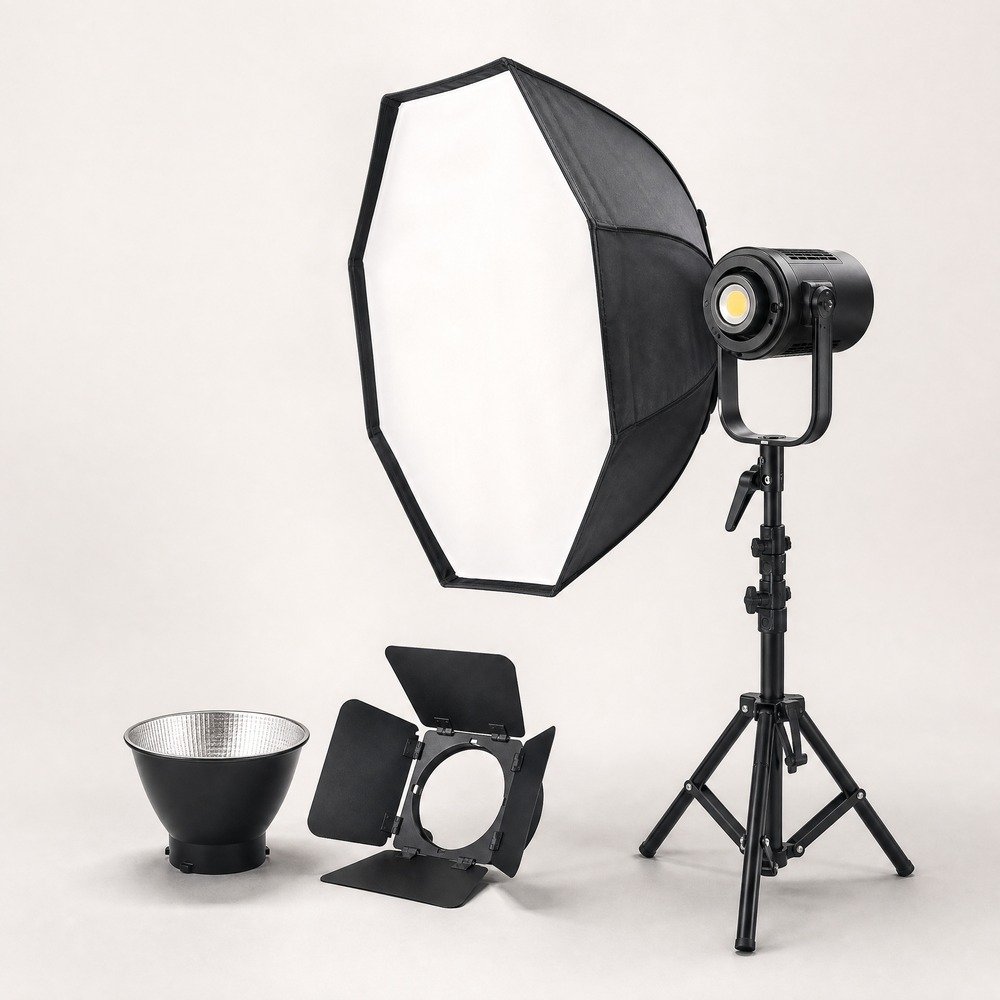 COB studio light with softbox and modifiers