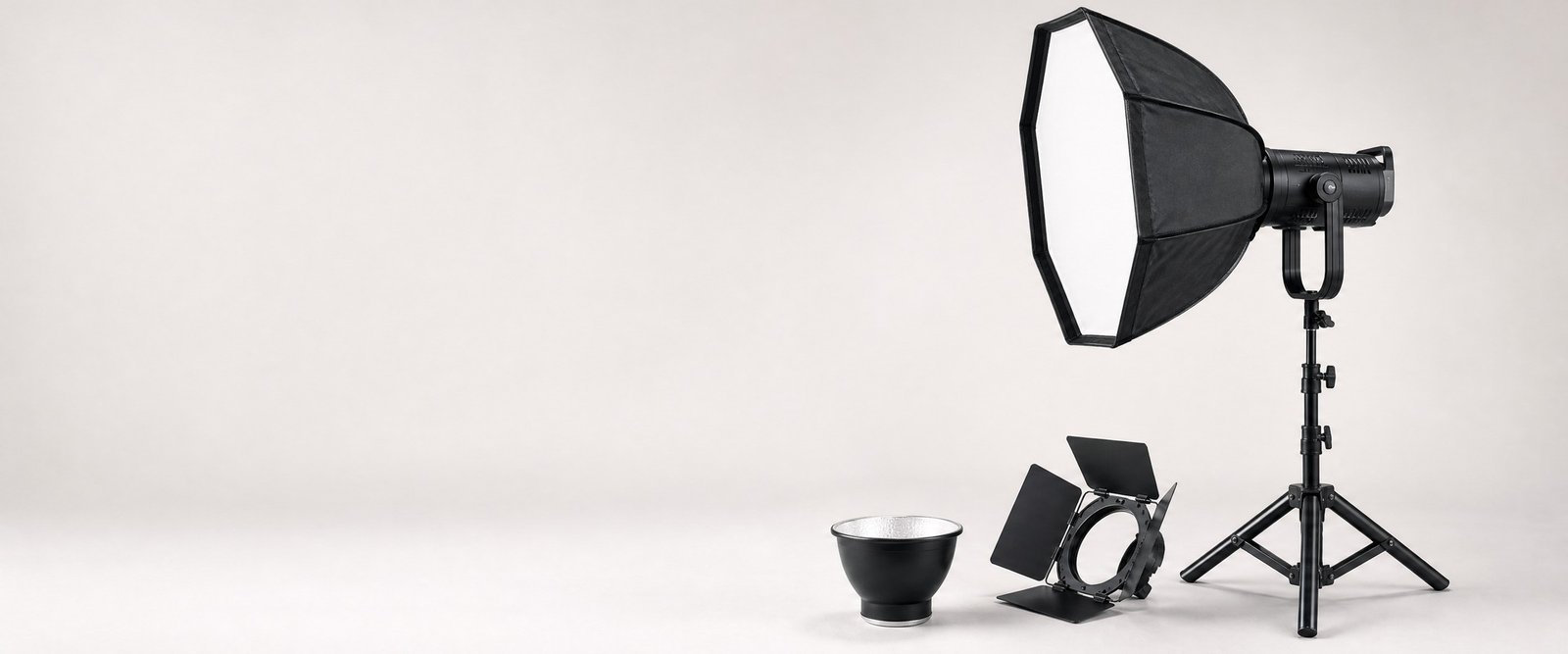 COB studio light with softbox and modifiers