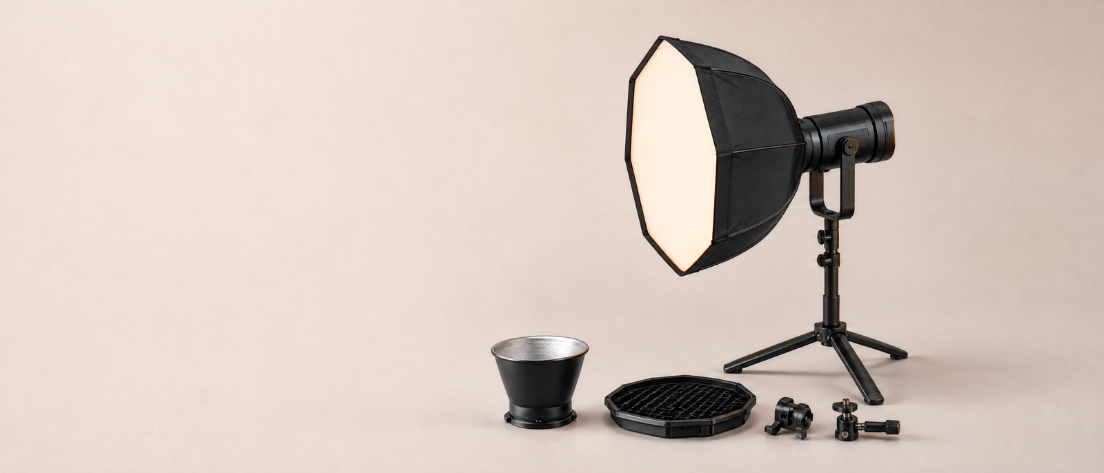 COB studio light with softbox and modifiers
