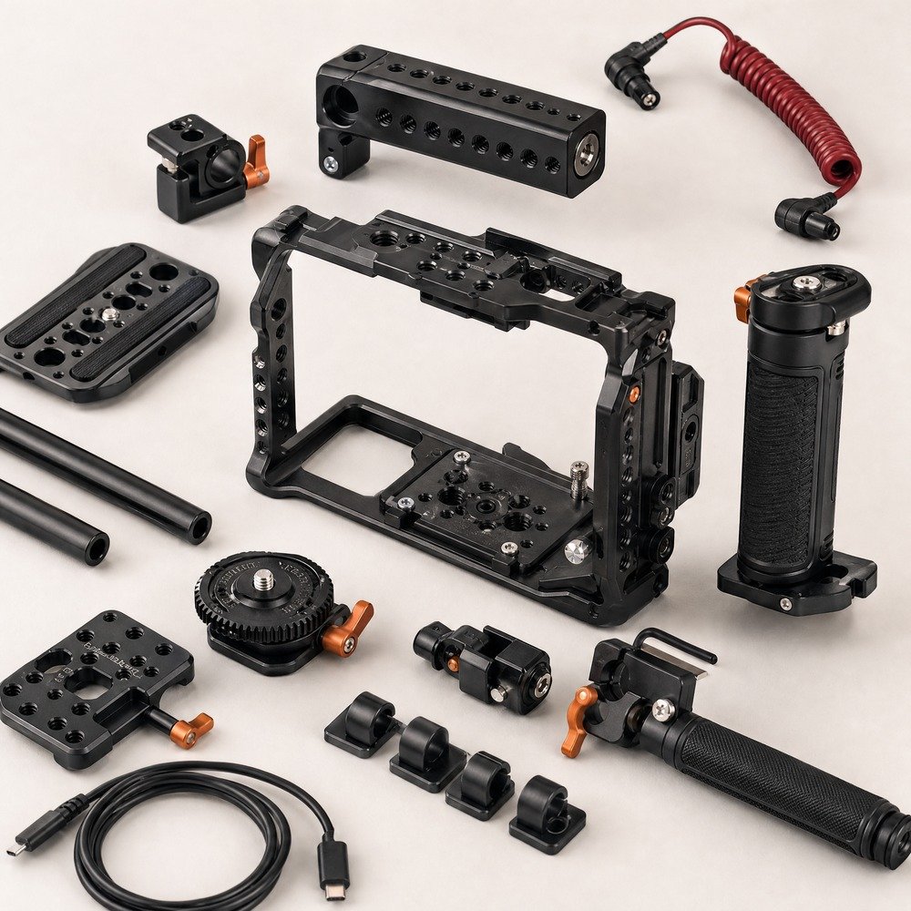 Camera cage, handles and quick release rigging accessories